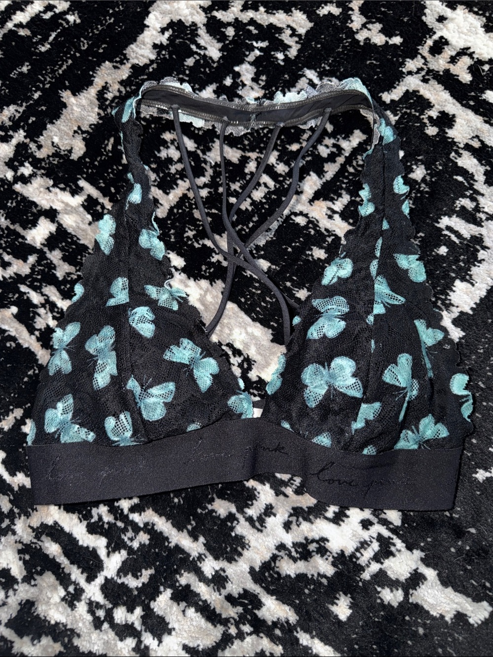 Black Lace Bralette with Aqua Floral Print and Strappy Back